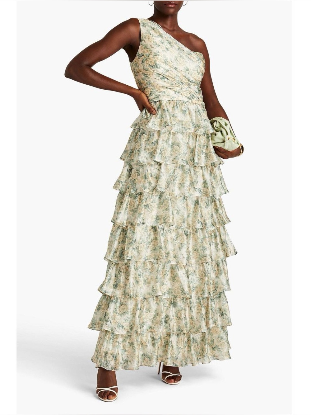 Mikael Aghal One-Shoulder Floral Ruffled Maxi Dress